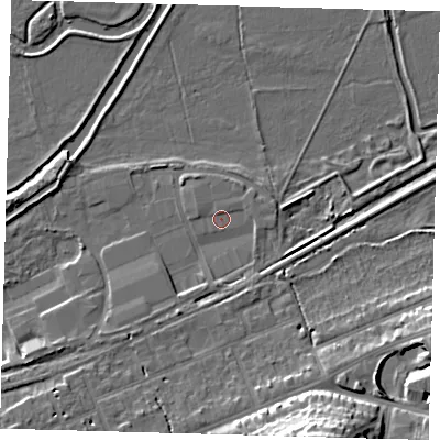 Shaded relief map of the ground around SG137AY, computed from Environment Agency LiDAR. The ground here sits at about 36 m above sea level and falls 19 m across the surrounding 800 m. Surface water reaching this point runs off ground lying to the east-north-east, 0.8 m higher.