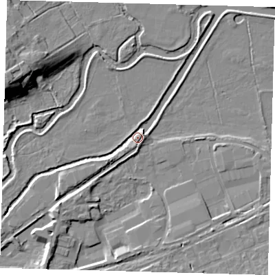 Shaded relief map of the ground around SG137BA, computed from Environment Agency LiDAR. The ground here sits at about 37 m above sea level and falls 15 m across the surrounding 800 m. Surface water reaching this point runs off ground lying to the south-west, 5.6 m higher.
