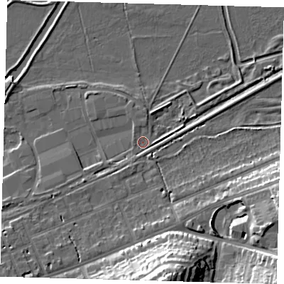 Shaded relief map of the ground around SG137BB, computed from Environment Agency LiDAR. The ground here sits at about 36 m above sea level and falls 27 m across the surrounding 800 m. Surface water reaching this point runs off ground lying to the south-south-west, 1.8 m higher.
