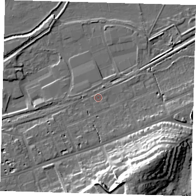 Shaded relief map of the ground around SG137BE, computed from Environment Agency LiDAR. The ground here sits at about 38 m above sea level and falls 30 m across the surrounding 800 m. Surface water reaching this point runs off ground lying to the south-south-east, 26.6 m higher.