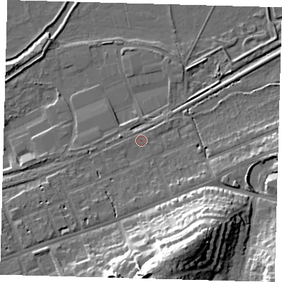 Shaded relief map of the ground around SG137BF, computed from Environment Agency LiDAR. The ground here sits at about 38 m above sea level and falls 30 m across the surrounding 800 m. Surface water reaching this point runs off ground lying to the south, 26.6 m higher.