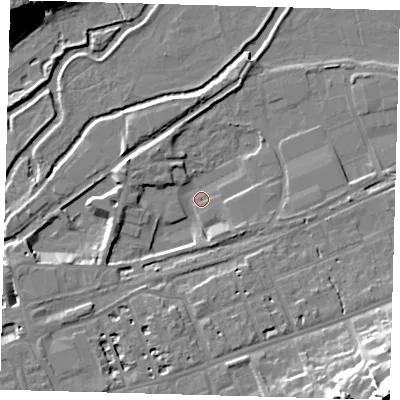 Shaded relief map of the ground around SG137BJ, computed from Environment Agency LiDAR. The ground here sits at about 36 m above sea level and falls 28 m across the surrounding 800 m. Surface water reaching this point runs off ground lying to the south-west, 6.0 m higher.