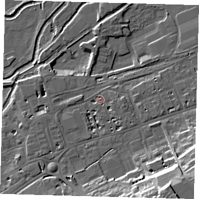 Shaded relief map of the ground around SG137BN, computed from Environment Agency LiDAR. The ground here sits at about 40 m above sea level and falls 31 m across the surrounding 800 m. Surface water reaching this point runs off ground lying to the south, 9.3 m higher.