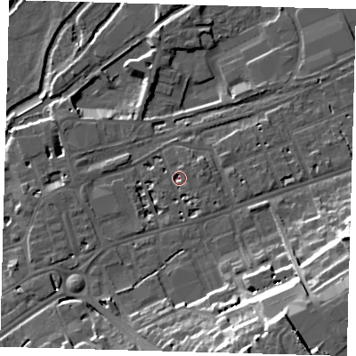 Shaded relief map of the ground around SG137BP, computed from Environment Agency LiDAR. The ground here sits at about 38 m above sea level and falls 31 m across the surrounding 800 m. Surface water reaching this point runs off ground lying to the east-north-east, 3.0 m higher.