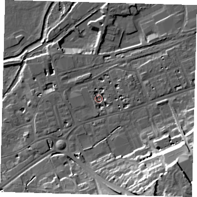 Shaded relief map of the ground around SG137BW, computed from Environment Agency LiDAR. The ground here sits at about 39 m above sea level and falls 31 m across the surrounding 800 m. Surface water reaching this point runs off ground lying to the south-south-east, 27.2 m higher.