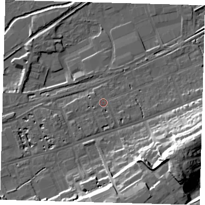 Shaded relief map of the ground around SG137BY, computed from Environment Agency LiDAR. The ground here sits at about 39 m above sea level and falls 30 m across the surrounding 800 m. Surface water reaching this point runs off ground lying to the south-south-west, 3.0 m higher.