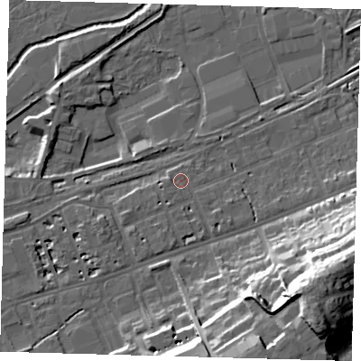 Shaded relief map of the ground around SG137DE, computed from Environment Agency LiDAR. The ground here sits at about 39 m above sea level and falls 30 m across the surrounding 800 m. Surface water reaching this point runs off ground lying to the west, 1.4 m higher.