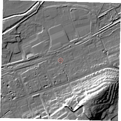 Shaded relief map of the ground around SG137DG, computed from Environment Agency LiDAR. The ground here sits at about 38 m above sea level and falls 30 m across the surrounding 800 m. Surface water reaching this point runs off ground lying to the south-west, 3.6 m higher.