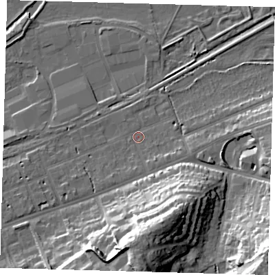 Shaded relief map of the ground around SG137DN, computed from Environment Agency LiDAR. The ground here sits at about 38 m above sea level and falls 34 m across the surrounding 800 m. Surface water reaching this point runs off ground lying to the east-south-east, 2.9 m higher.