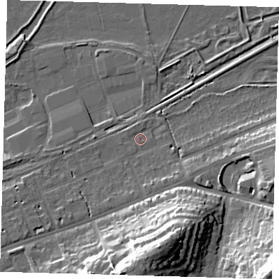 Shaded relief map of the ground around SG137DR, computed from Environment Agency LiDAR. The ground here sits at about 38 m above sea level and falls 35 m across the surrounding 800 m. Surface water reaching this point runs off ground lying to the north, 1.1 m higher.