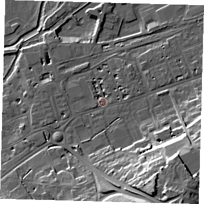 Shaded relief map of the ground around SG137DY, computed from Environment Agency LiDAR. The ground here sits at about 40 m above sea level and falls 32 m across the surrounding 800 m. Surface water reaching this point runs off ground lying to the south-east, 28.6 m higher.