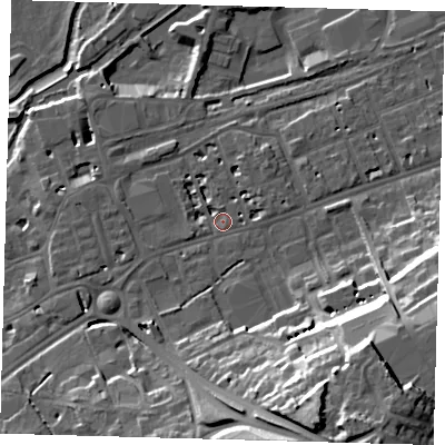 Shaded relief map of the ground around SG137DZ, computed from Environment Agency LiDAR. The ground here sits at about 40 m above sea level and falls 31 m across the surrounding 800 m. Surface water reaching this point runs off ground lying to the south-south-east, 28.6 m higher.