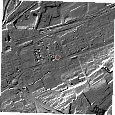 Shaded relief map of the ground around SG137EB, computed from Environment Agency LiDAR. The ground here sits at about 41 m above sea level and falls 31 m across the surrounding 800 m. Surface water reaching this point runs off ground lying to the south-west, 1.1 m higher.