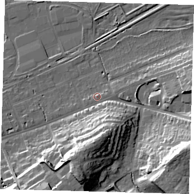 Shaded relief map of the ground around SG137EG, computed from Environment Agency LiDAR. The ground here sits at about 40 m above sea level and falls 36 m across the surrounding 800 m. Surface water reaching this point runs off ground lying to the east, 0.7 m higher.