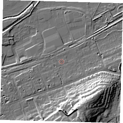 Shaded relief map of the ground around SG137EH, computed from Environment Agency LiDAR. The ground here sits at about 38 m above sea level and falls 30 m across the surrounding 800 m. Surface water reaching this point runs off ground lying to the south-south-east, 26.6 m higher.