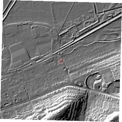 Shaded relief map of the ground around SG137FY, computed from Environment Agency LiDAR. The ground here sits at about 37 m above sea level and falls 36 m across the surrounding 800 m. Surface water reaching this point runs off ground lying to the south-south-east, 3.6 m higher.