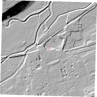 Shaded relief map of the ground around SG137FZ, computed from Environment Agency LiDAR. The ground here sits at about 37 m above sea level and falls 33 m across the surrounding 800 m. Surface water reaching this point runs off ground lying to the south-south-west, 6.2 m higher.