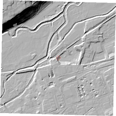 Shaded relief map of the ground around SG137GD, computed from Environment Agency LiDAR. The ground here sits at about 37 m above sea level and falls 34 m across the surrounding 800 m. Surface water reaching this point runs off ground lying to the south, 6.2 m higher.