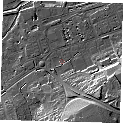 Shaded relief map of the ground around SG137HE, computed from Environment Agency LiDAR. The ground here sits at about 41 m above sea level and falls 32 m across the surrounding 800 m. Surface water reaching this point runs off ground lying to the south-east, 27.4 m higher.