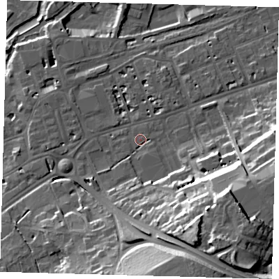 Shaded relief map of the ground around SG137HF, computed from Environment Agency LiDAR. The ground here sits at about 41 m above sea level and falls 32 m across the surrounding 800 m. Surface water reaching this point runs off ground lying to the south-east, 26.5 m higher.