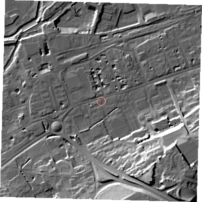 Shaded relief map of the ground around SG137HH, computed from Environment Agency LiDAR. The ground here sits at about 41 m above sea level and falls 32 m across the surrounding 800 m. Surface water reaching this point runs off ground lying to the south-east, 29.5 m higher.