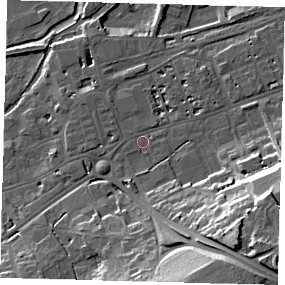 Shaded relief map of the ground around SG137HJ, computed from Environment Agency LiDAR. The ground here sits at about 41 m above sea level and falls 32 m across the surrounding 800 m. Surface water reaching this point runs off ground lying to the south-east, 29.6 m higher.