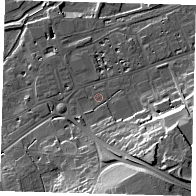 Shaded relief map of the ground around SG137HS, computed from Environment Agency LiDAR. The ground here sits at about 41 m above sea level and falls 32 m across the surrounding 800 m. Surface water reaching this point runs off ground lying to the south-east, 27.4 m higher.