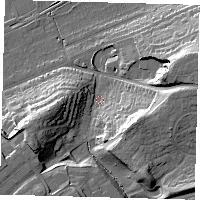 Shaded relief map of the ground around SG137JG, computed from Environment Agency LiDAR. The ground here sits at about 43 m above sea level and falls 35 m across the surrounding 800 m. Surface water reaching this point runs off ground lying to the south-east, 27.9 m higher.