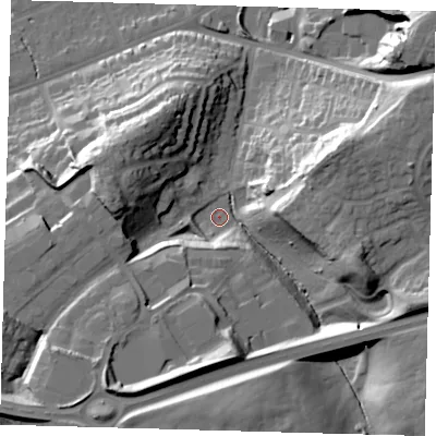 Shaded relief map of the ground around SG137JH, computed from Environment Agency LiDAR. The ground here sits at about 47 m above sea level and falls 33 m across the surrounding 800 m. Surface water reaching this point runs off ground lying to the east-north-east, 24.0 m higher.
