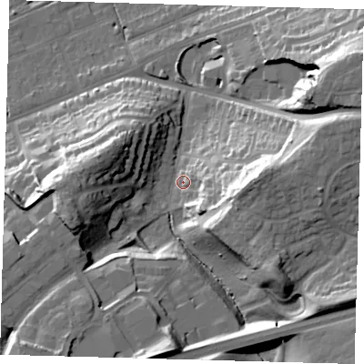 Shaded relief map of the ground around SG137JQ, computed from Environment Agency LiDAR. The ground here sits at about 46 m above sea level and falls 34 m across the surrounding 800 m. Surface water reaching this point runs off ground lying to the south-east, 25.5 m higher.