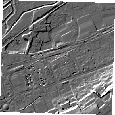 Shaded relief map of the ground around SG137JU, computed from Environment Agency LiDAR. The ground here sits at about 39 m above sea level and falls 29 m across the surrounding 800 m. Surface water reaching this point runs off ground lying to the south-south-west, 5.1 m higher.
