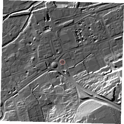 Shaded relief map of the ground around SG137LA, computed from Environment Agency LiDAR. The ground here sits at about 41 m above sea level and falls 32 m across the surrounding 800 m. Surface water reaching this point runs off ground lying to the south-east, 29.4 m higher.