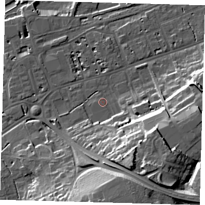 Shaded relief map of the ground around SG137RQ, computed from Environment Agency LiDAR. The ground here sits at about 41 m above sea level and falls 32 m across the surrounding 800 m. Surface water reaching this point runs off ground lying to the south-east, 23.3 m higher.