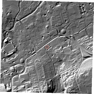 Shaded relief map of the ground around SG138AF, computed from Environment Agency LiDAR. The ground here sits at about 42 m above sea level and falls 31 m across the surrounding 800 m. Surface water reaching this point runs off ground lying to the south-east, 25.2 m higher.