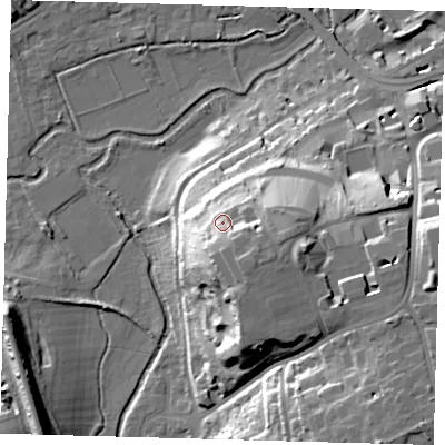 Shaded relief map of the ground around SG138BY, computed from Environment Agency LiDAR. The ground here sits at about 61 m above sea level and falls 32 m across the surrounding 800 m. Surface water reaching this point runs off ground lying to the south-east, 7.6 m higher.