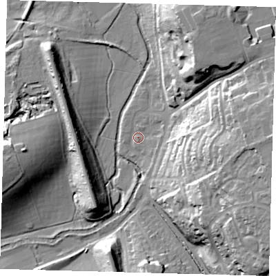 Shaded relief map of the ground around SG138DS, computed from Environment Agency LiDAR. The ground here sits at about 41 m above sea level and falls 30 m across the surrounding 800 m. Surface water reaching this point runs off ground lying to the east, 28.8 m higher.