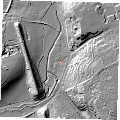Shaded relief map of the ground around SG138DT, computed from Environment Agency LiDAR. The ground here sits at about 40 m above sea level and falls 31 m across the surrounding 800 m. Surface water reaching this point runs off ground lying to the east-south-east, 26.3 m higher.
