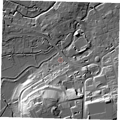 Shaded relief map of the ground around SG138ES, computed from Environment Agency LiDAR. The ground here sits at about 40 m above sea level and falls 31 m across the surrounding 800 m. Surface water reaching this point runs off ground lying to the south-south-east, 22.9 m higher.