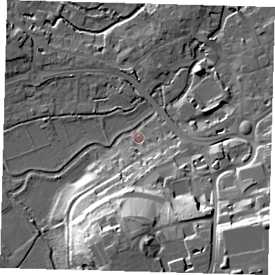 Shaded relief map of the ground around SG138EY, computed from Environment Agency LiDAR. The ground here sits at about 40 m above sea level and falls 32 m across the surrounding 800 m. Surface water reaching this point runs off ground lying to the south-south-east, 25.3 m higher.