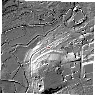 Shaded relief map of the ground around SG138EZ, computed from Environment Agency LiDAR. The ground here sits at about 47 m above sea level and falls 31 m across the surrounding 800 m. Surface water reaching this point runs off ground lying to the south, 20.7 m higher.