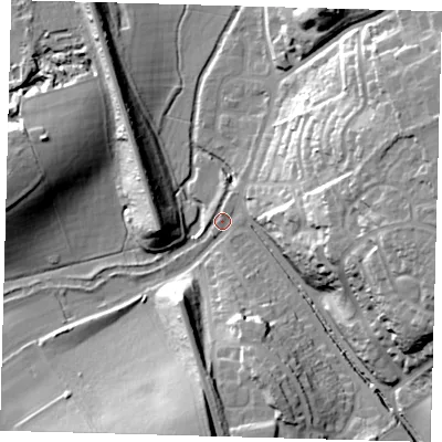 Shaded relief map of the ground around SG138HJ, computed from Environment Agency LiDAR. The ground here sits at about 42 m above sea level and falls 30 m across the surrounding 800 m. Surface water reaching this point runs off ground lying to the east, 26.6 m higher.