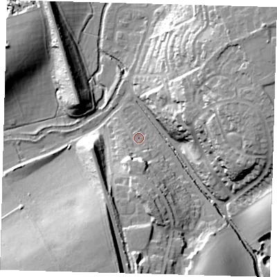 Shaded relief map of the ground around SG138HU, computed from Environment Agency LiDAR. The ground here sits at about 45 m above sea level and falls 31 m across the surrounding 800 m. Surface water reaching this point runs off ground lying to the south, 9.4 m higher.
