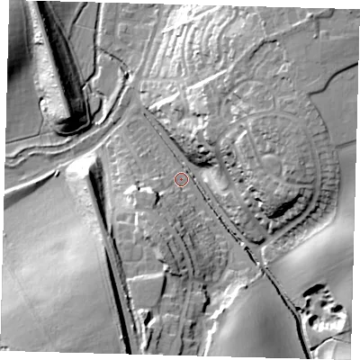 Shaded relief map of the ground around SG138HY, computed from Environment Agency LiDAR. The ground here sits at about 44 m above sea level and falls 31 m across the surrounding 800 m. Surface water reaching this point runs off ground lying to the south-south-west, 18.7 m higher.
