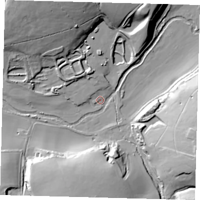 Shaded relief map of the ground around SG138LE, computed from Environment Agency LiDAR. The ground here sits at about 45 m above sea level and falls 34 m across the surrounding 800 m. Surface water reaching this point runs off ground lying to the east-south-east, 32.0 m higher.