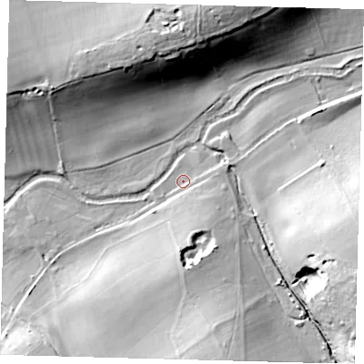 Shaded relief map of the ground around SG138XX, computed from Environment Agency LiDAR. The ground here sits at about 42 m above sea level and falls 24 m across the surrounding 800 m. Surface water reaching this point runs off ground lying to the south-south-east, 6.5 m higher.