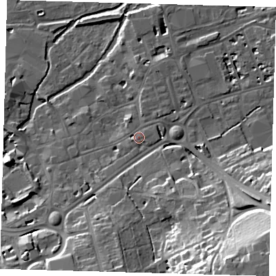Shaded relief map of the ground around SG141AJ, computed from Environment Agency LiDAR. The ground here sits at about 41 m above sea level and falls 31 m across the surrounding 800 m. Surface water reaching this point runs off ground lying to the south-east, 28.8 m higher.