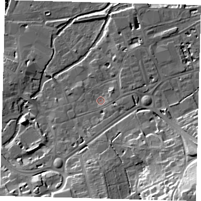Shaded relief map of the ground around SG141AL, computed from Environment Agency LiDAR. The ground here sits at about 39 m above sea level and falls 31 m across the surrounding 800 m. Surface water reaching this point runs off ground lying to the north-east, 2.9 m higher.
