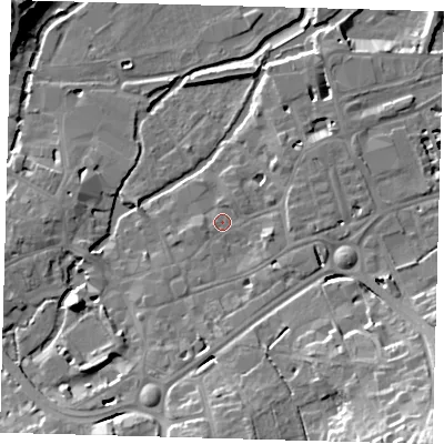 Shaded relief map of the ground around SG141AP, computed from Environment Agency LiDAR. The ground here sits at about 39 m above sea level and falls 26 m across the surrounding 800 m. Surface water reaching this point runs off ground lying to the east-south-east, 3.3 m higher.