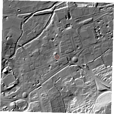 Shaded relief map of the ground around SG141AS, computed from Environment Agency LiDAR. The ground here sits at about 41 m above sea level and falls 31 m across the surrounding 800 m. Surface water reaching this point runs off ground lying to the south-east, 1.1 m higher.