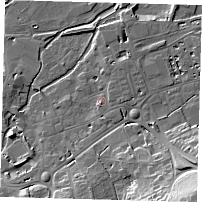 Shaded relief map of the ground around SG141AZ, computed from Environment Agency LiDAR. The ground here sits at about 41 m above sea level and falls 31 m across the surrounding 800 m. Surface water reaching this point runs off ground lying to the south, 1.7 m higher.
